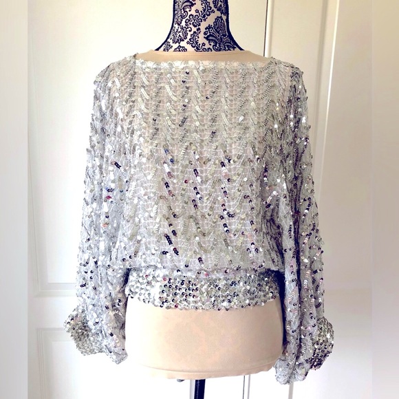 Neiman Marcus VTG 60’s Metallic Silver sequin Sheer dolman blouson Size S-M - Picture 6 of 17